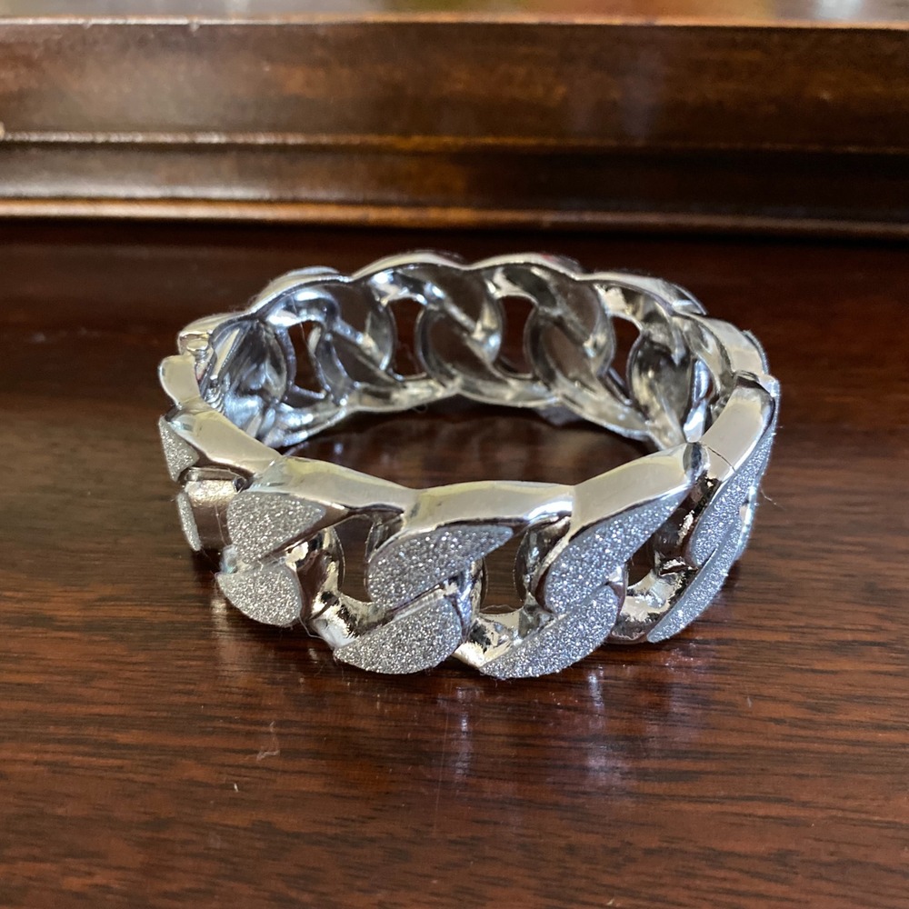 Silver Tone Chunky Hinged Cuban Link Bangle Bracelet Textured Glitter 7.5"
